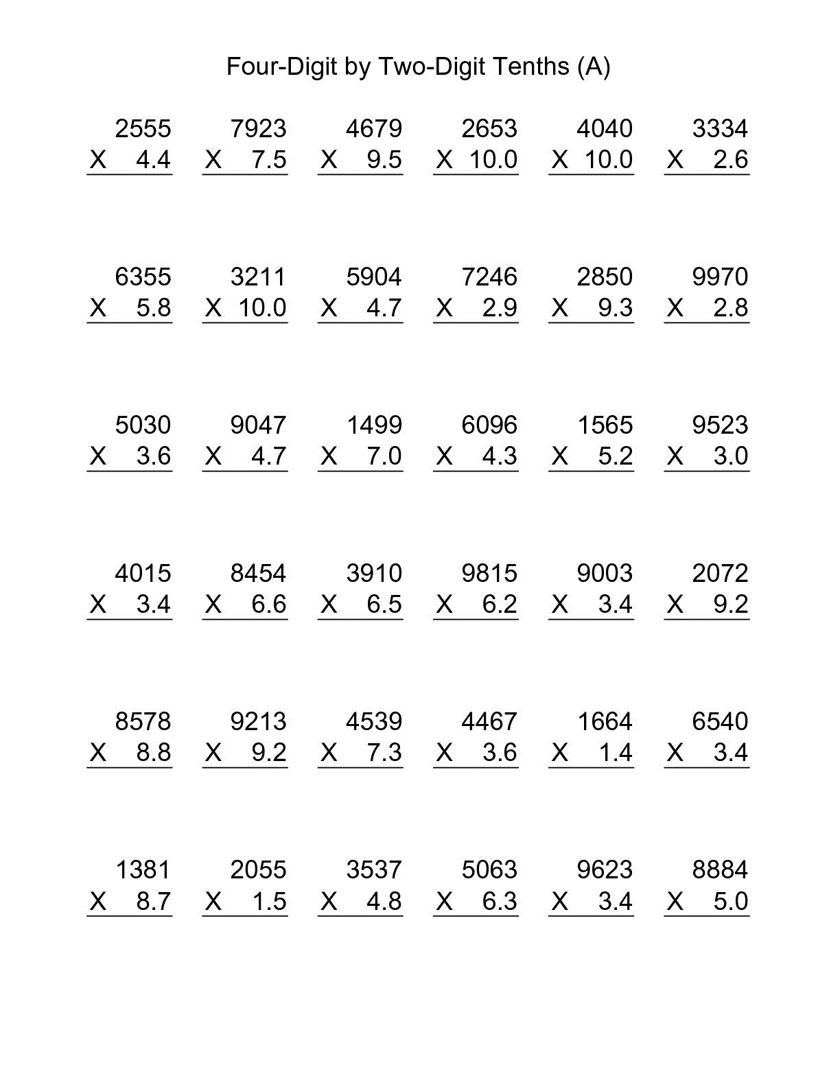 6Th Grade Multiplication Decimals Worksheets Decimal