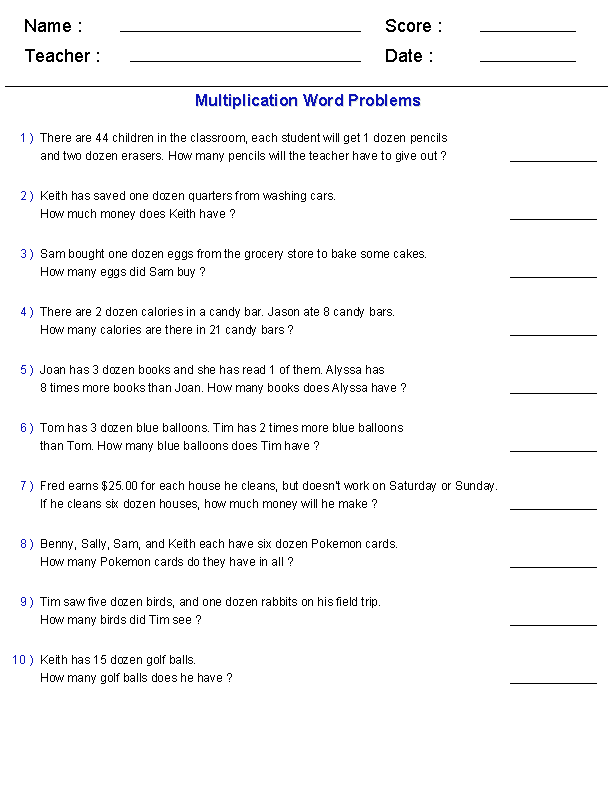 multiplication word problems worksheets dozens