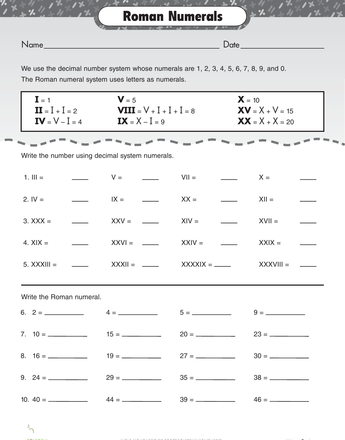 printable roman numerals worksheet for kids