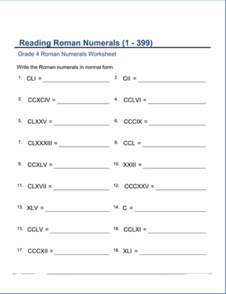 Roman Numerals Worksheet in Printable PDF