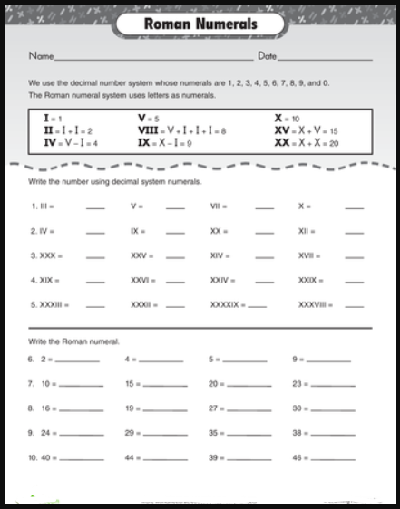 Roman Numerals Worksheet in Printable PDF